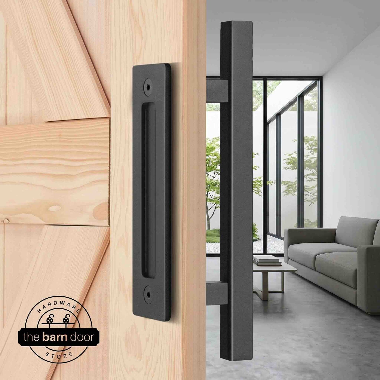 Matte black square pull and flush handle set installed on a natural wood sliding barn door