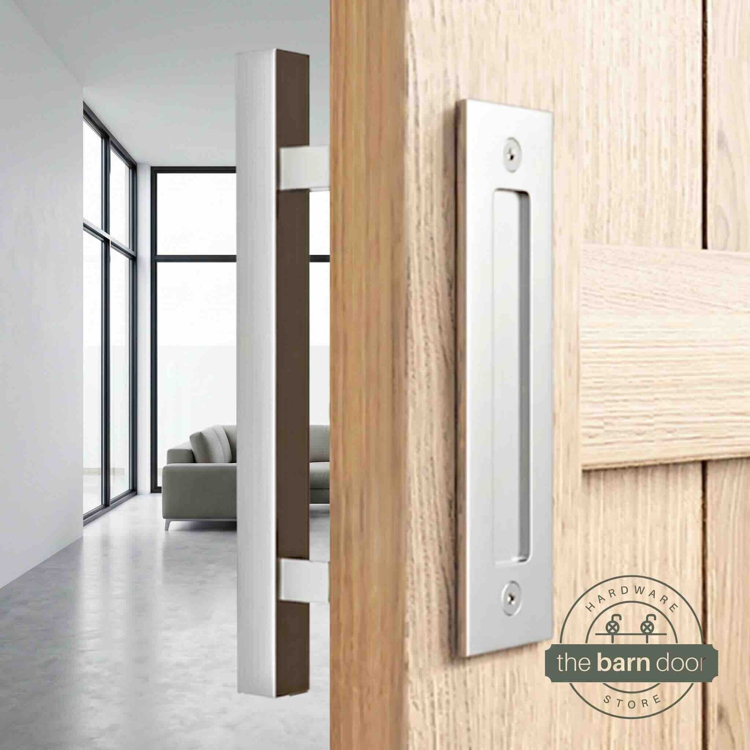 Stainless steel square pull and flush handle set installed on a natural wood sliding barn door