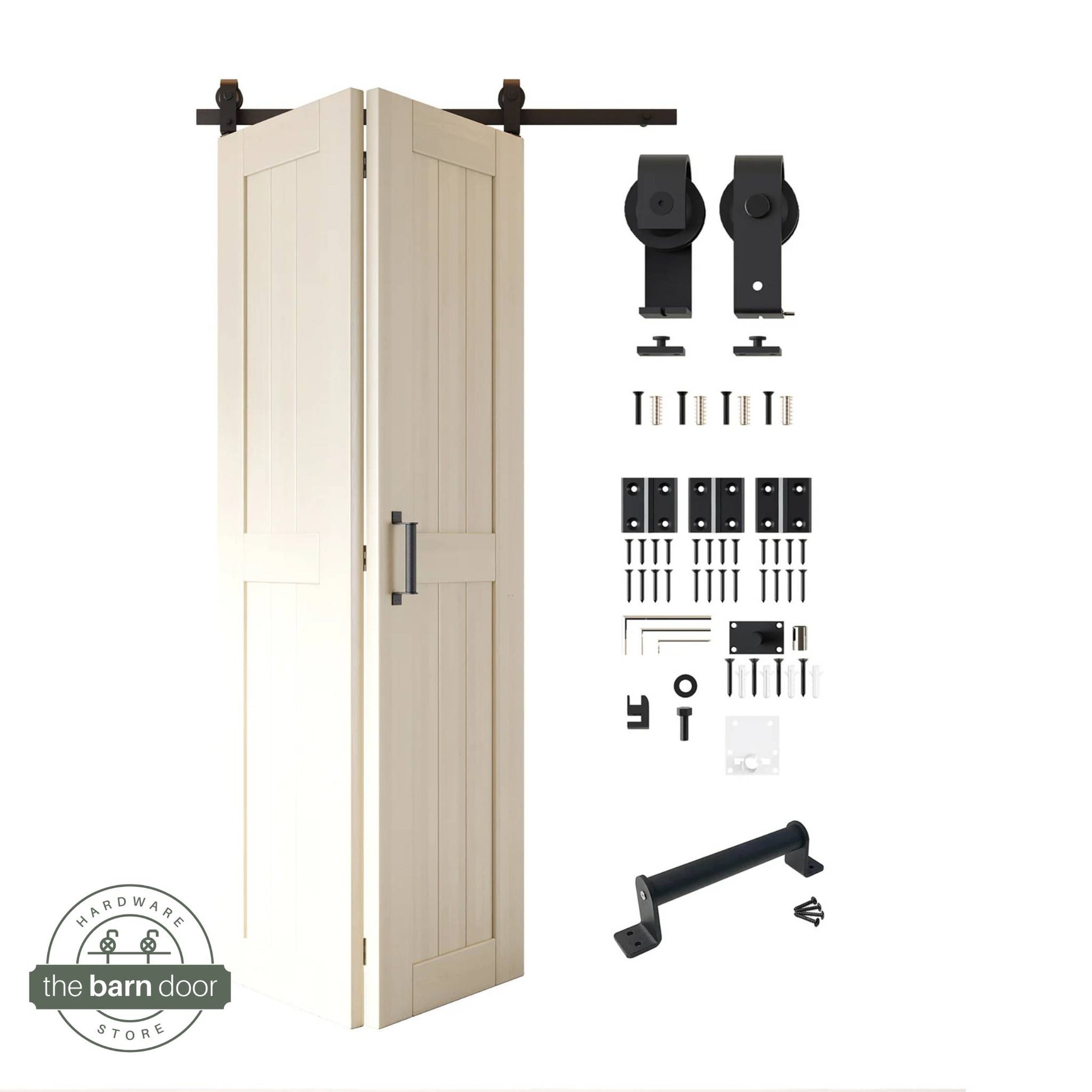 Full kit contents: Partially folded tinsmith gray finished 2-door bifold panels shown next to all hardware components (rollers, track, screws, handle) in Matte Black.