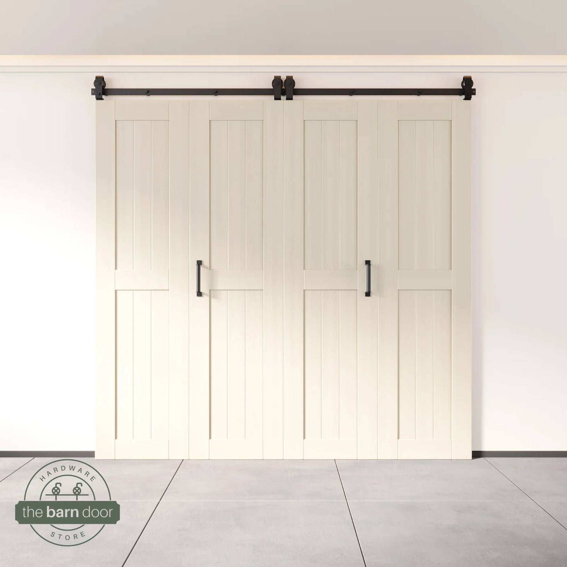 Four-panel bi-parting bifold barn door in a tinsmith gray finish, fully closed in a modern entryway, showing the top-mount Matte Black track.
