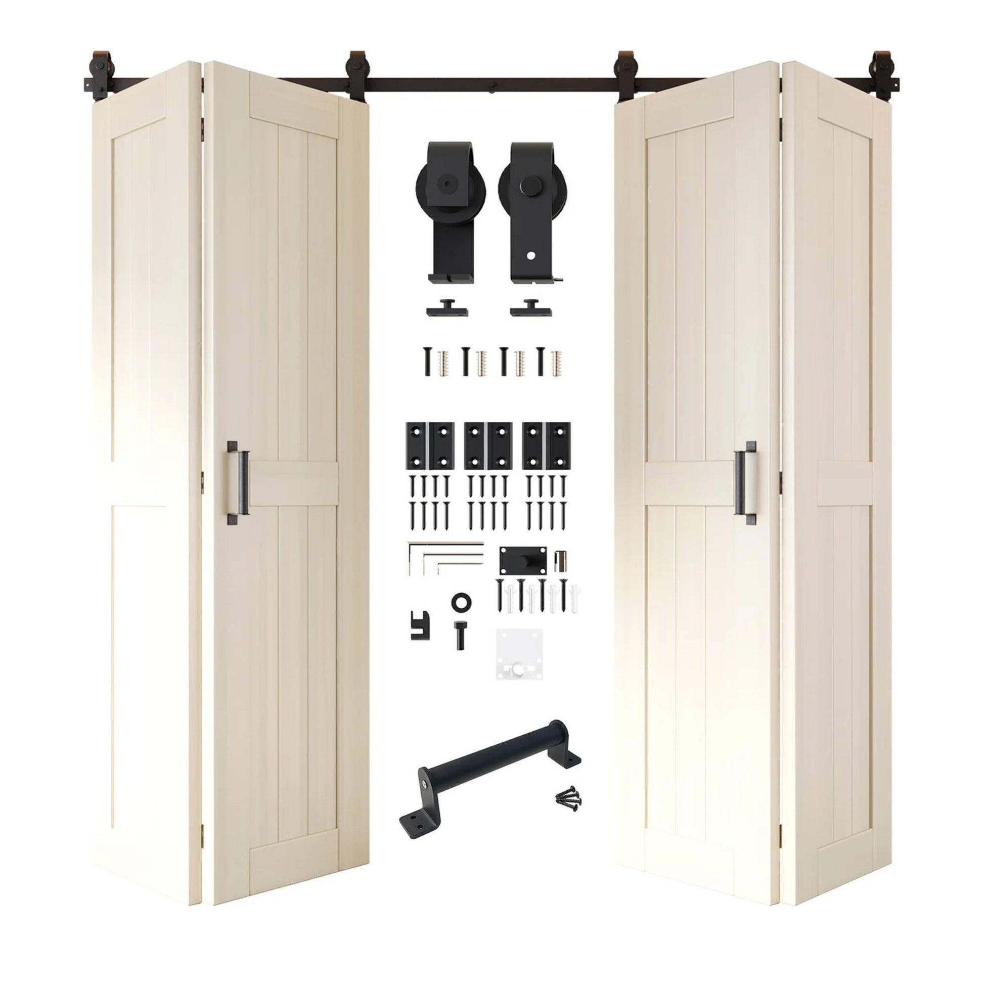 Full kit contents: Four open and partially folded tinsmith gray bifold door panels shown with all accompanying Matte Black top-mount hardware components.