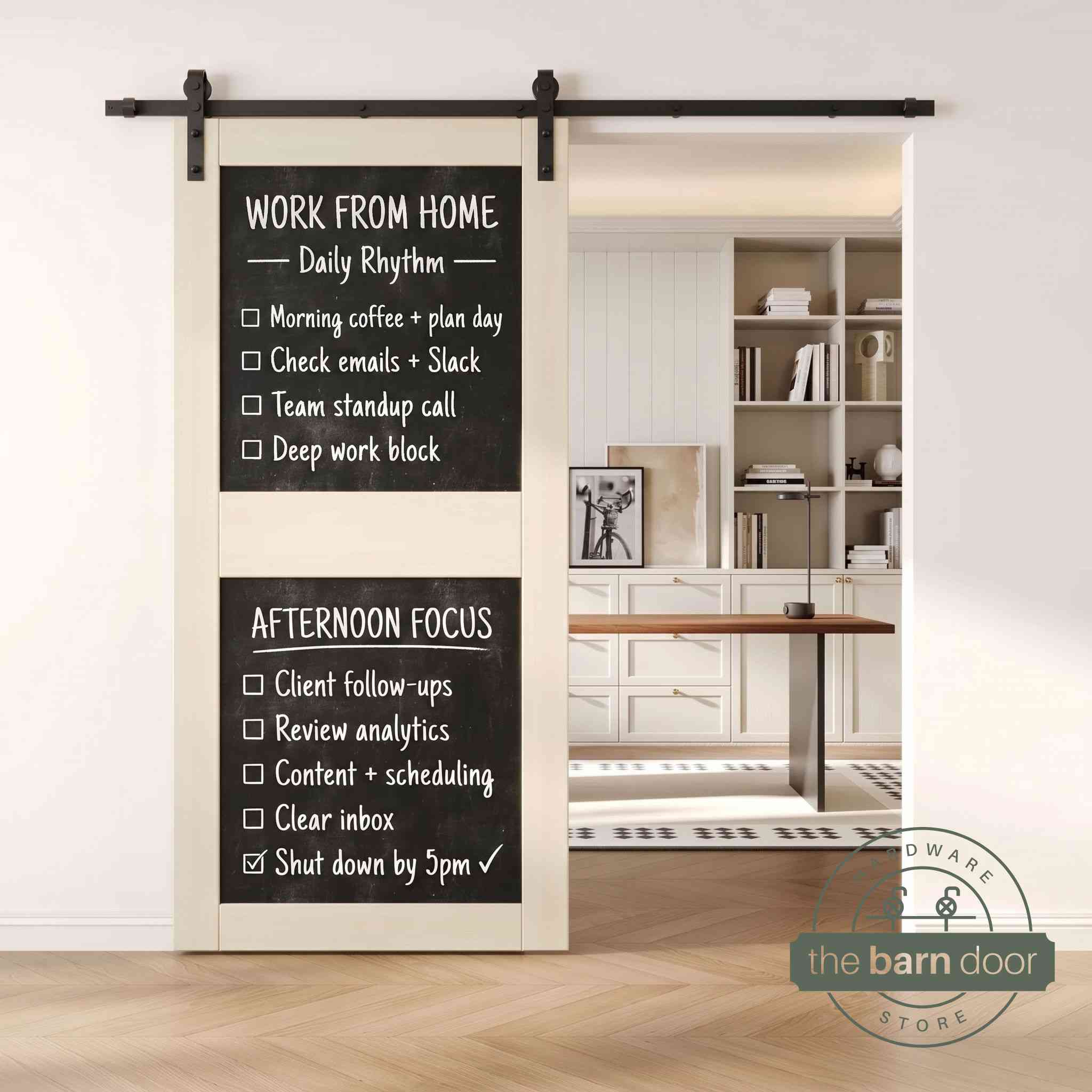A tinsmith gray two-panel chalkboard barn door mounted on a sleek black sliding track, shown partially open to reveal a modern home office with built-in white shelving.