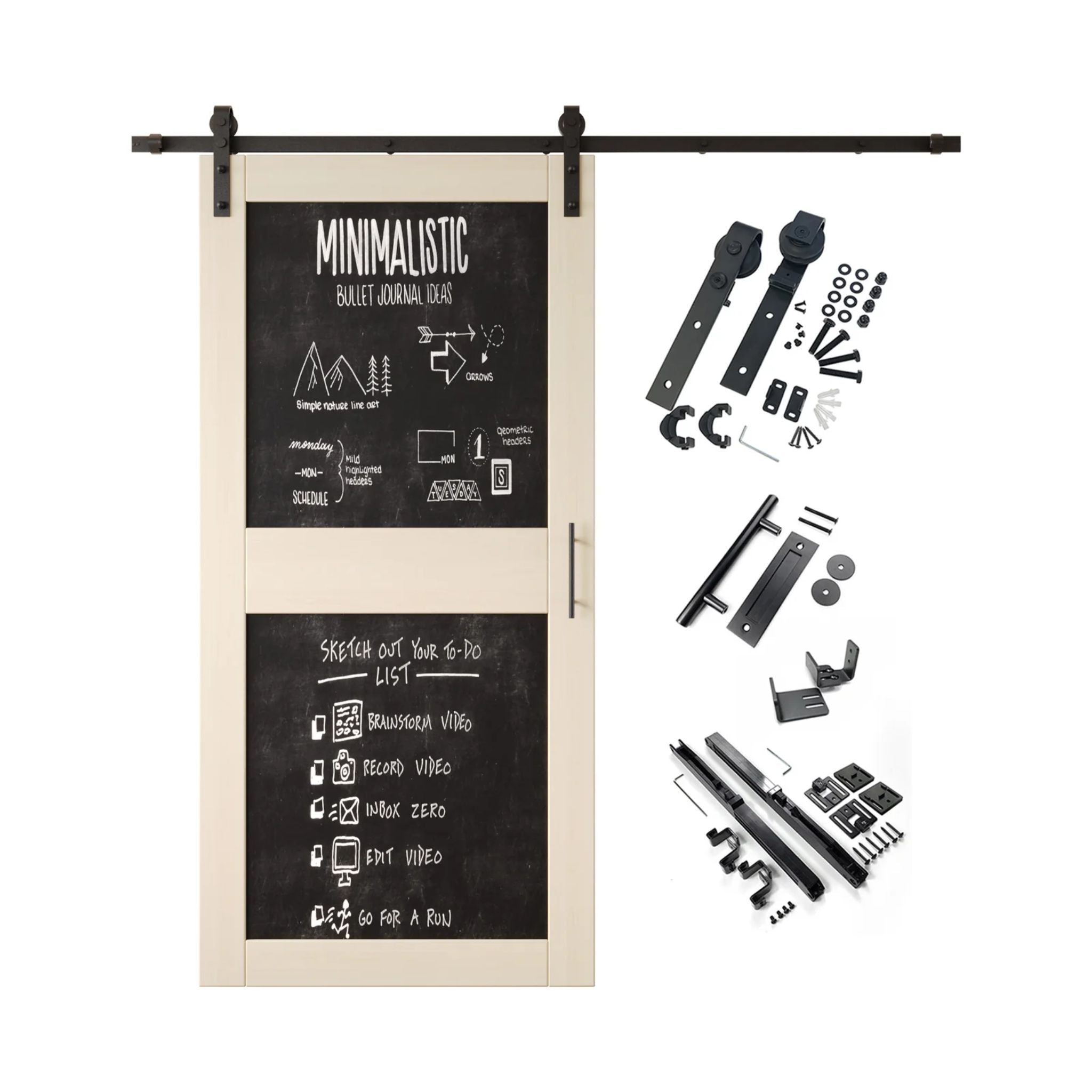 Tinsmith gray barn door kit with black chalkboard surface and hardware components on a white background