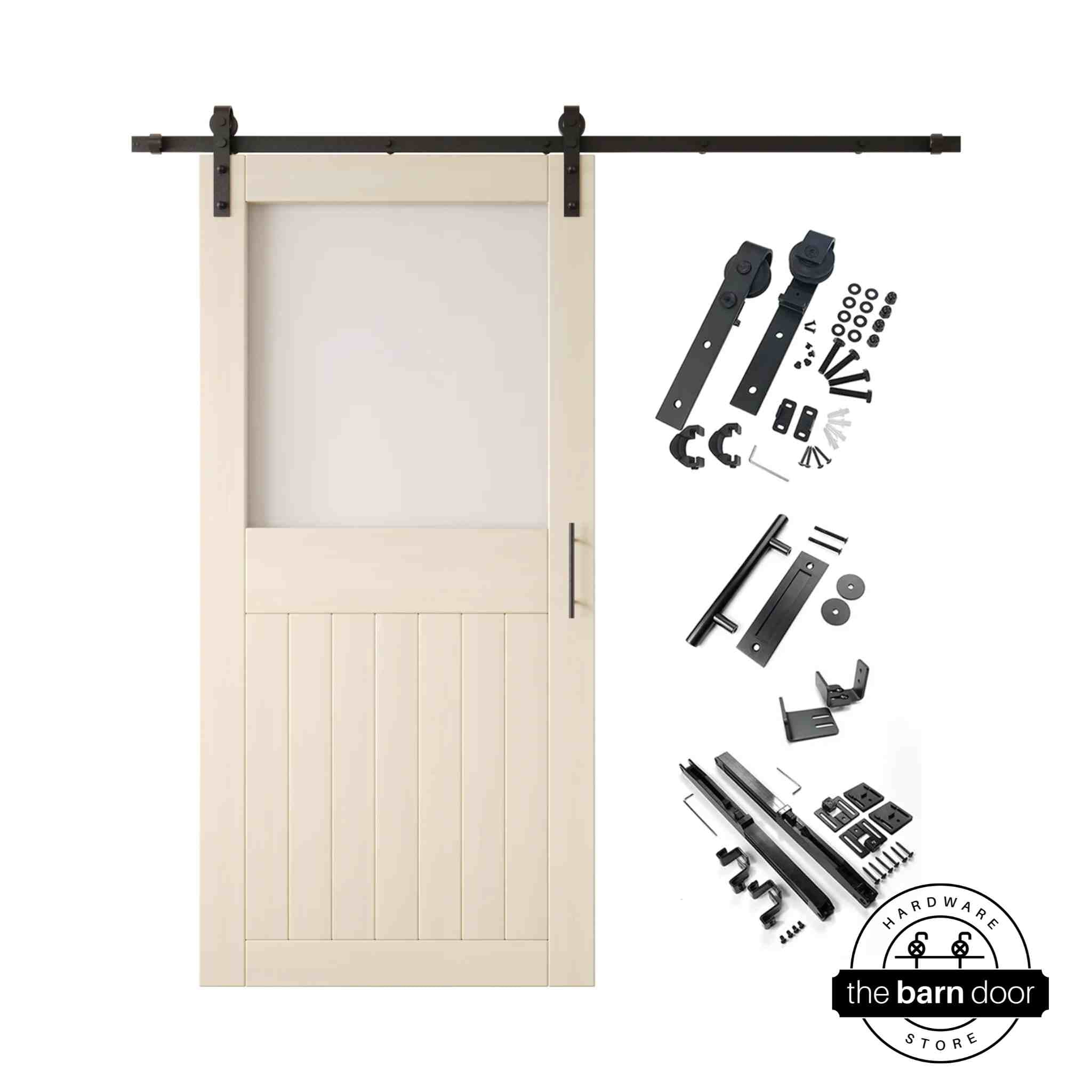 Tinsmith gray half-lite barn door kit with wooden door, hardware, and components on a white background