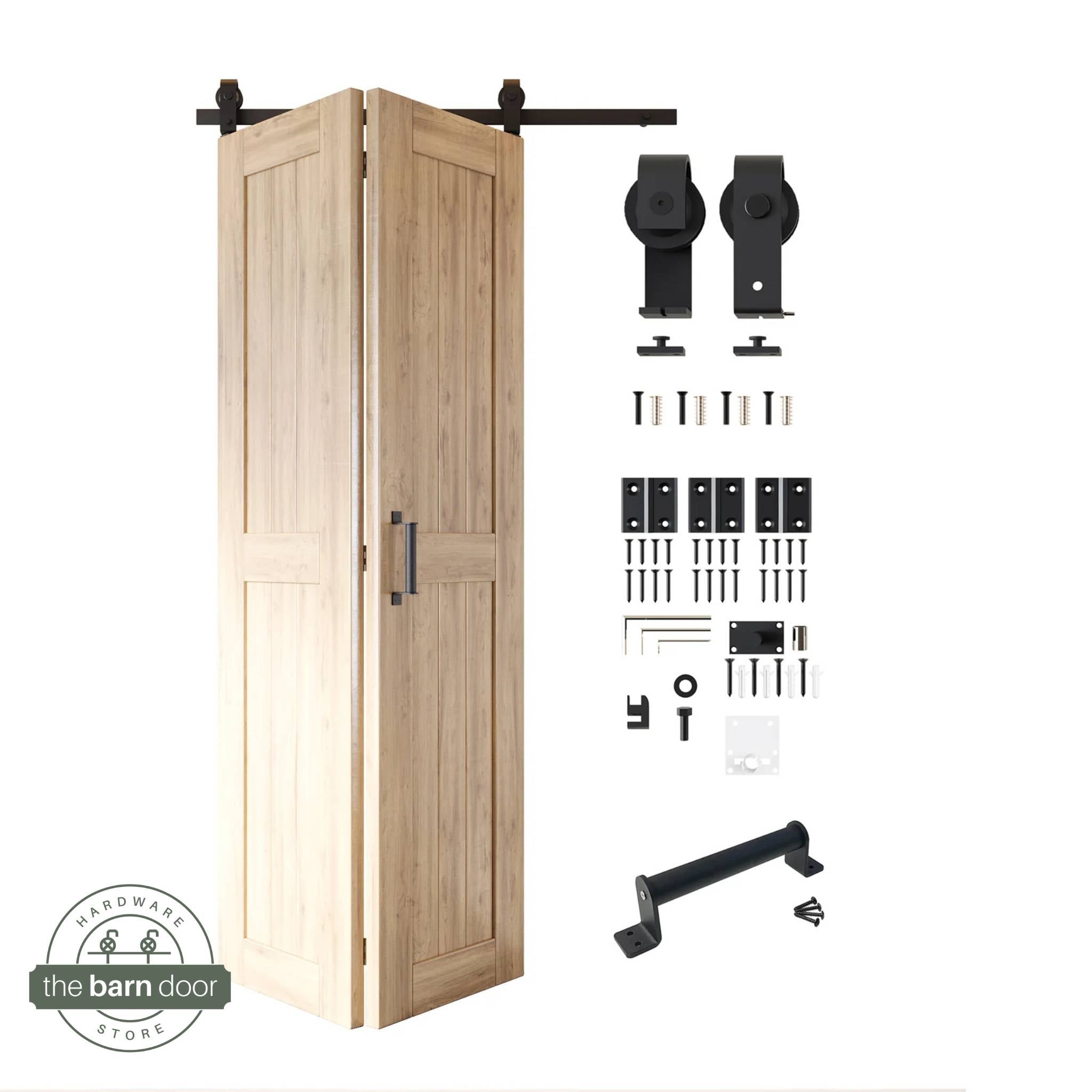 Full kit contents: Partially folded unfinished 2-door bifold panels shown next to all hardware components (rollers, track, screws, handle) in Matte Black.