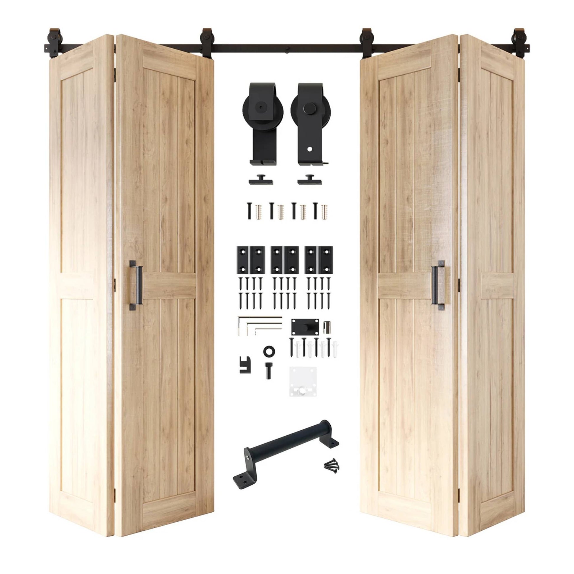 Full kit contents: Four open and partially folded unfinished bifold door panels shown with all accompanying Matte Black top-mount hardware components.