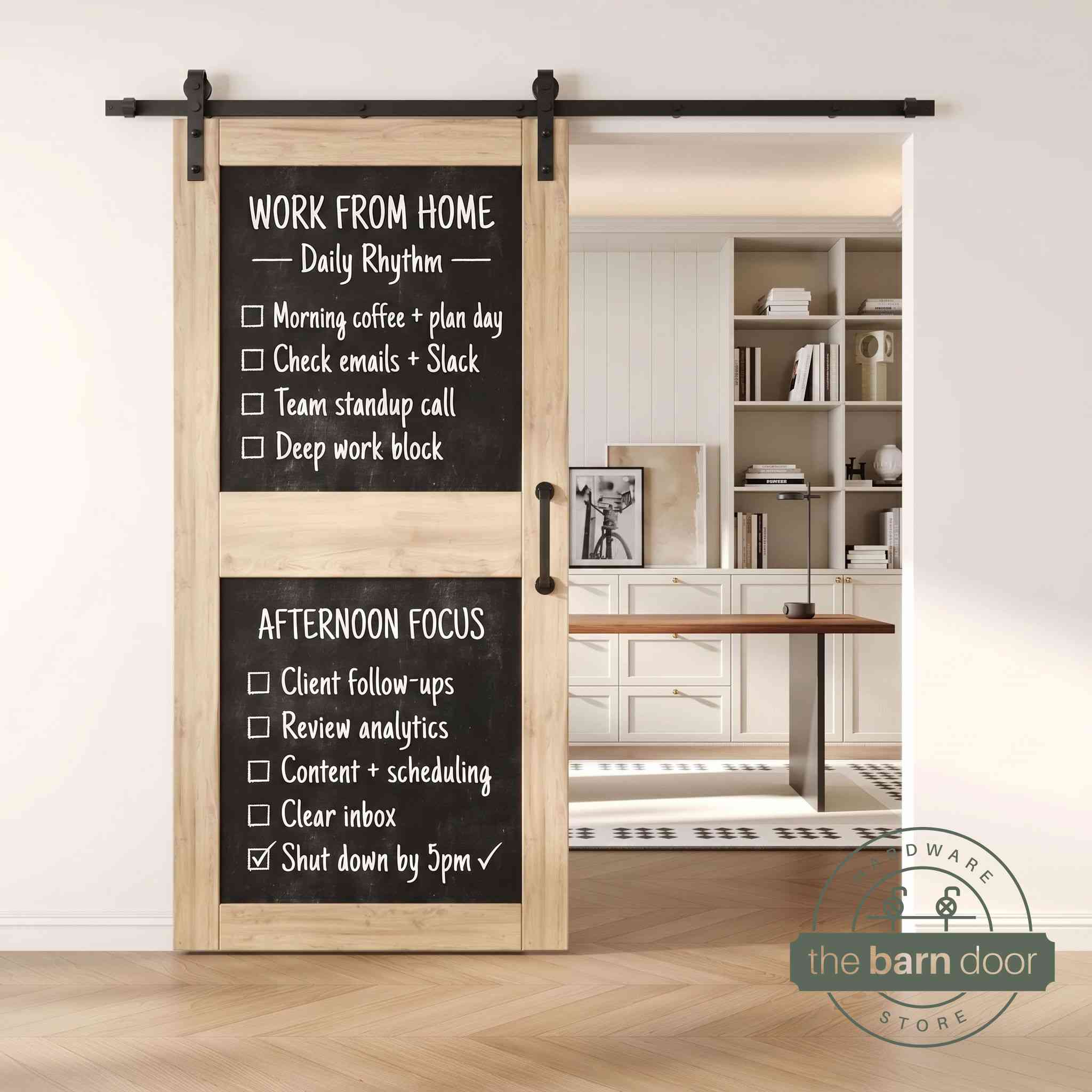 An unfinished two-panel chalkboard barn door mounted on a sleek black sliding track, shown partially open to reveal a modern home office with built-in white shelving.