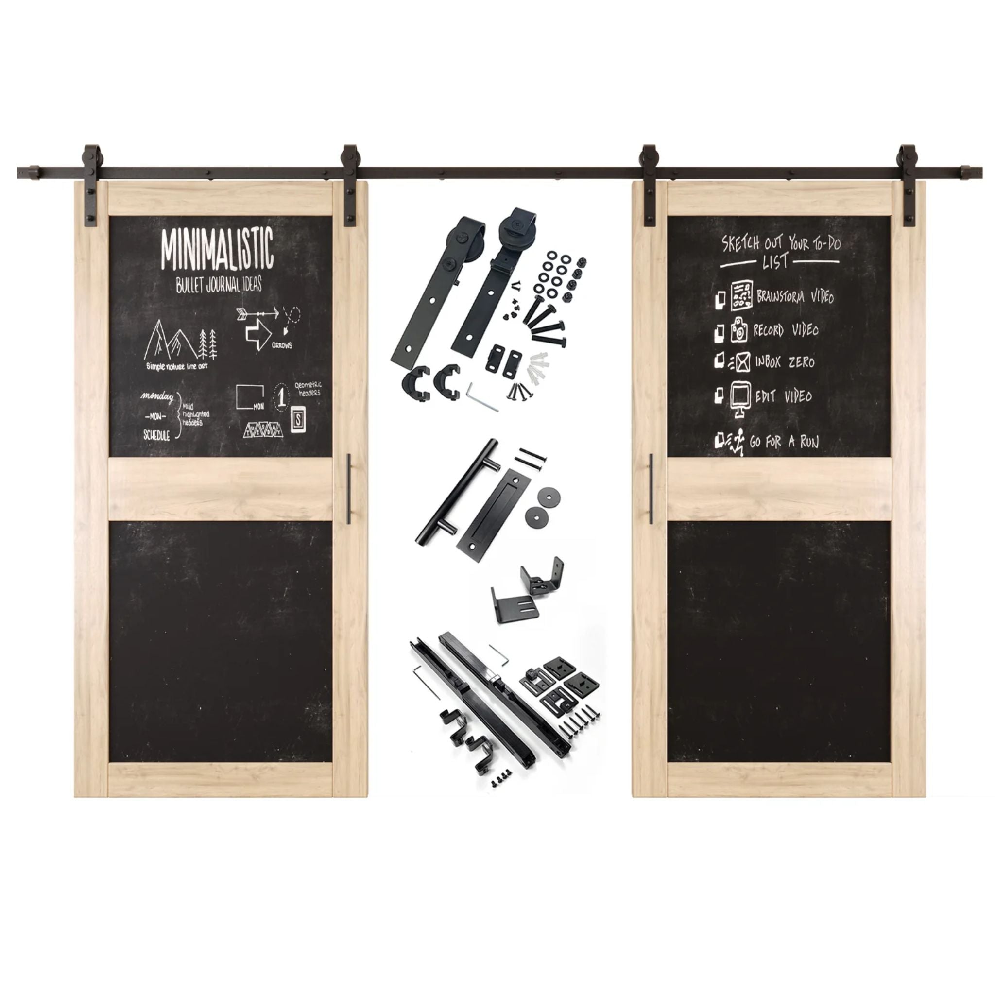 Unfinished barn door set with black chalkboard panels and hardware components on a white background