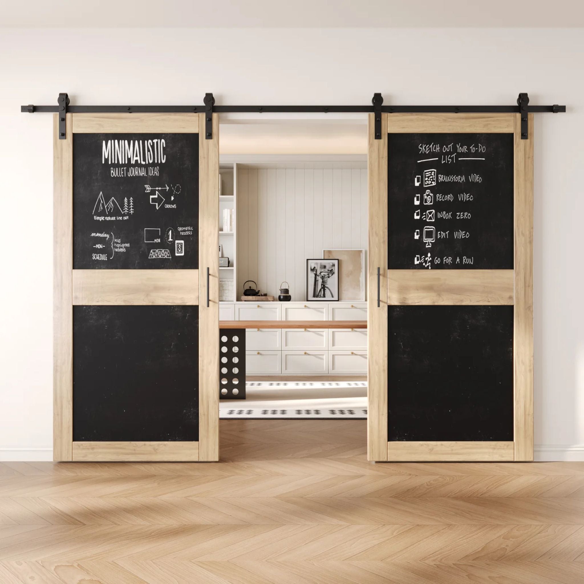 Unfinished barn doors with black chalkboard surfaces in a modern interior setting