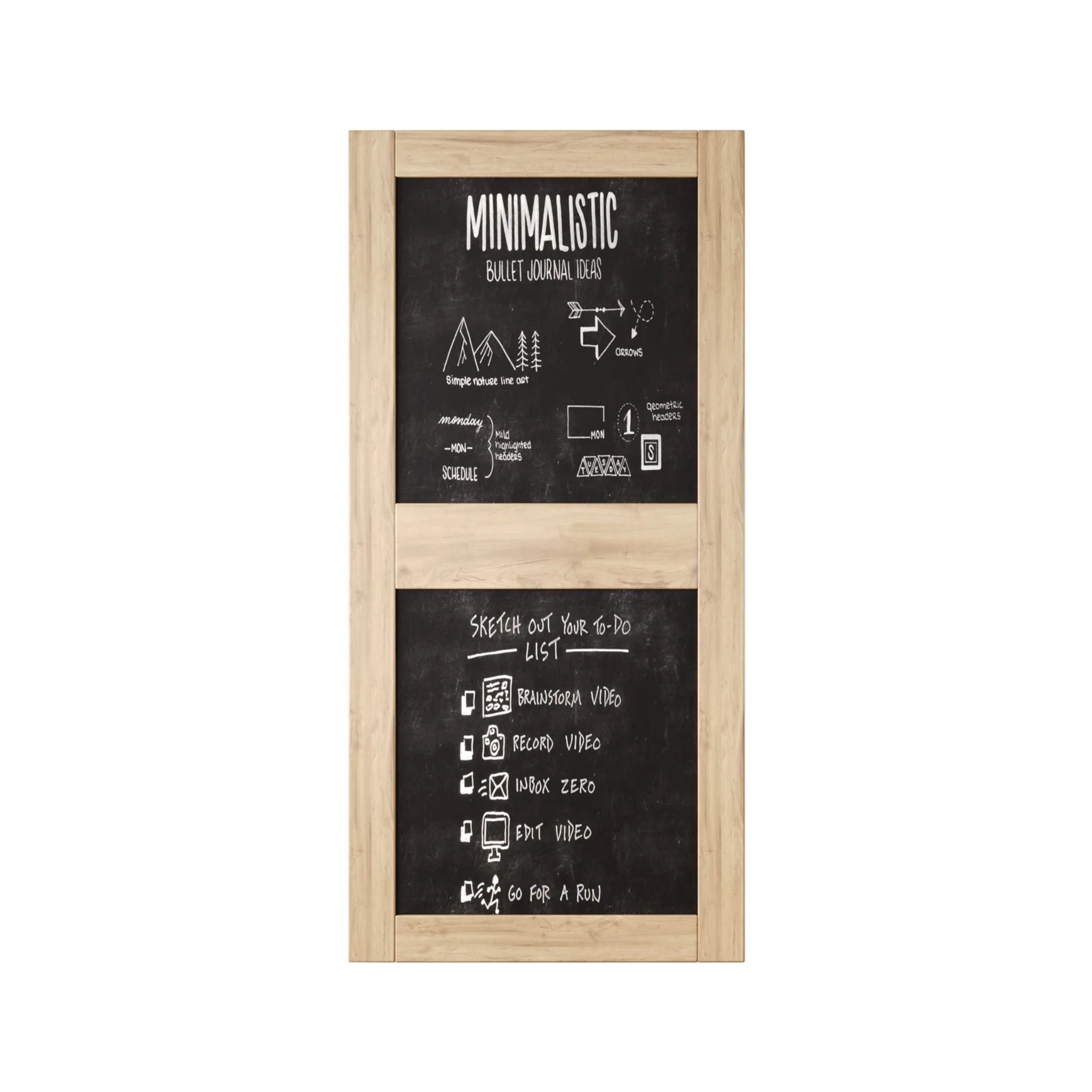 Front view of a vertical unfinished chalkboard door with two panels.