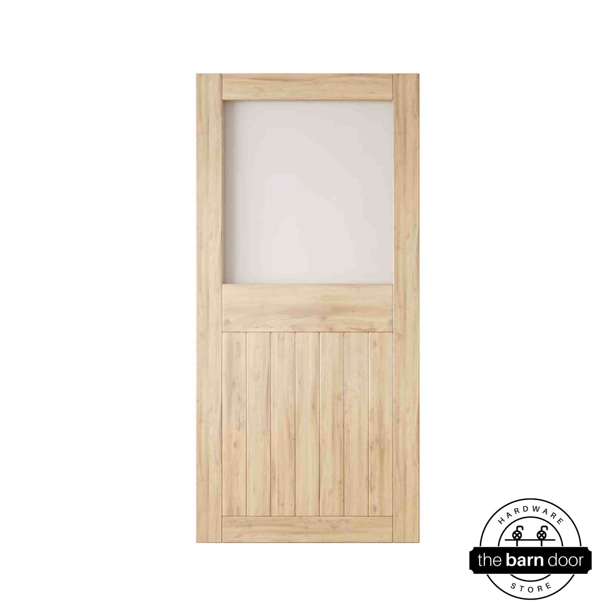 Unfinished wooden half-lite frosted glass barn door with horizontal slats on a white background