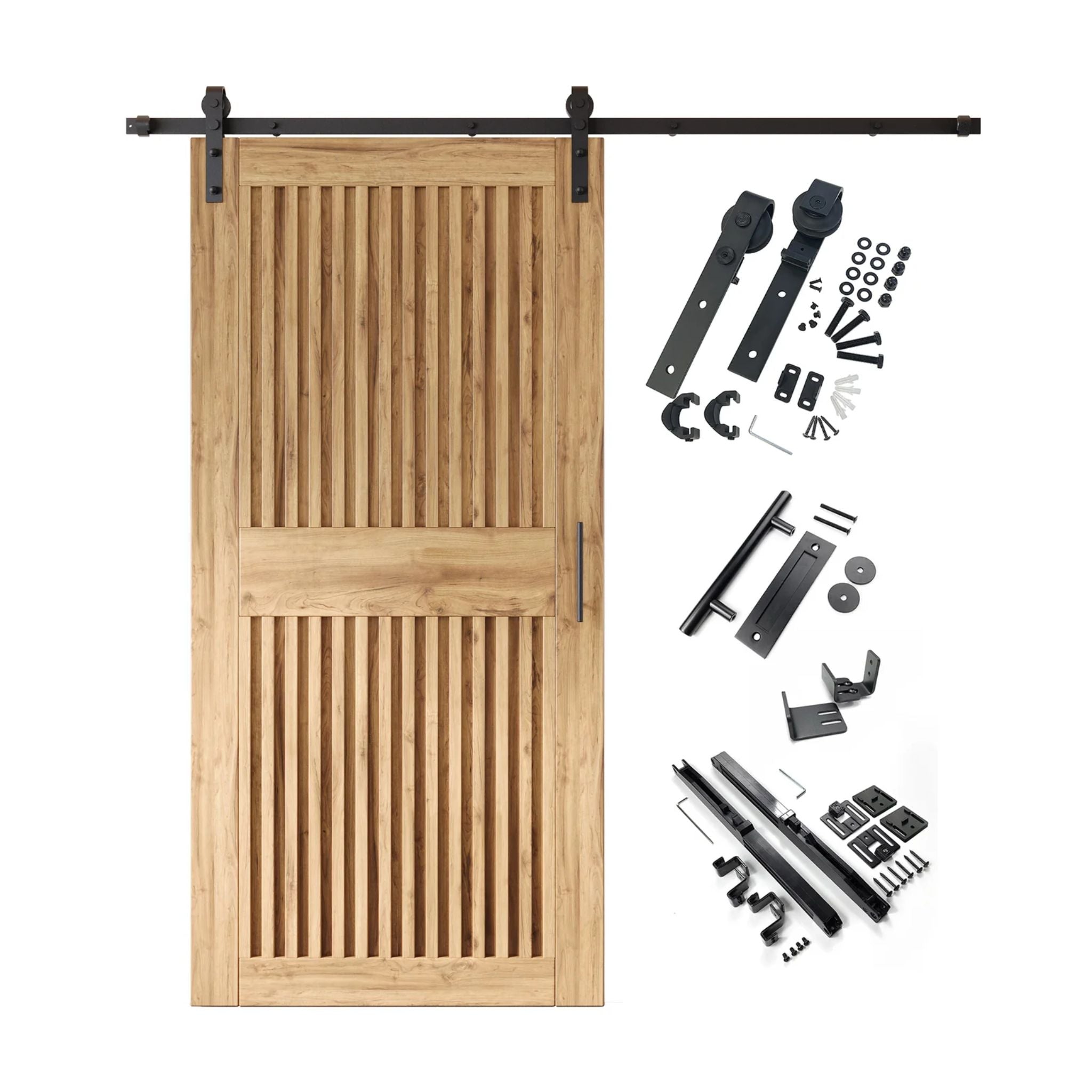 Unfinished barn door kit with wooden door, hardware, and installation parts on a white background