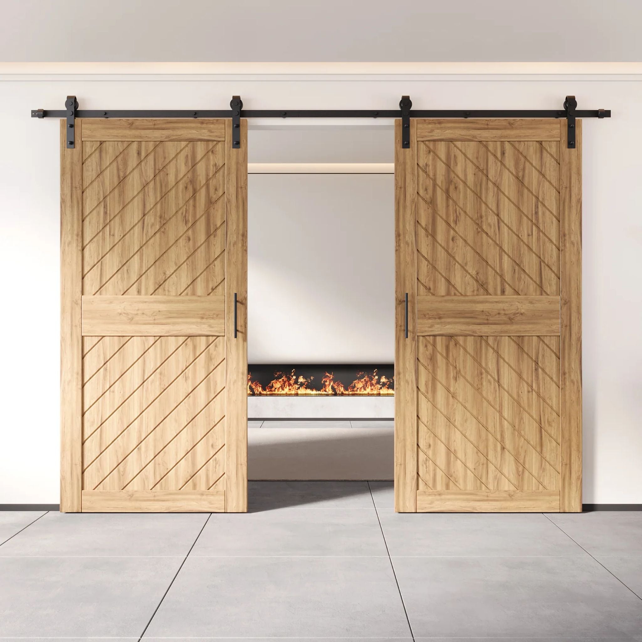 Unfinished wooden sliding barn doors with black hardware in front of a fireplace.