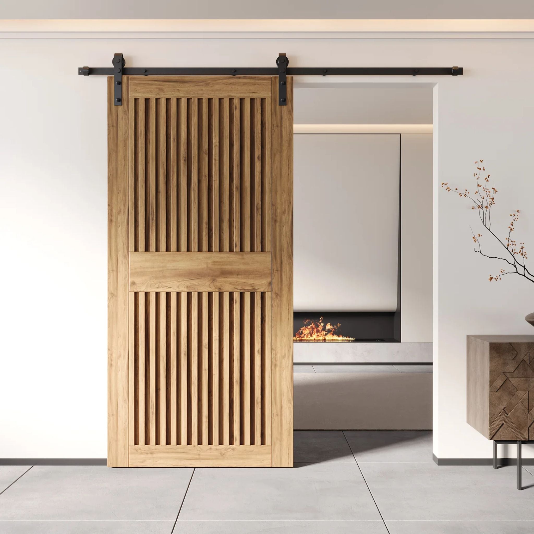 Unfinished wooden sliding door in a modern interior setting with a fireplace and decorative elements.
