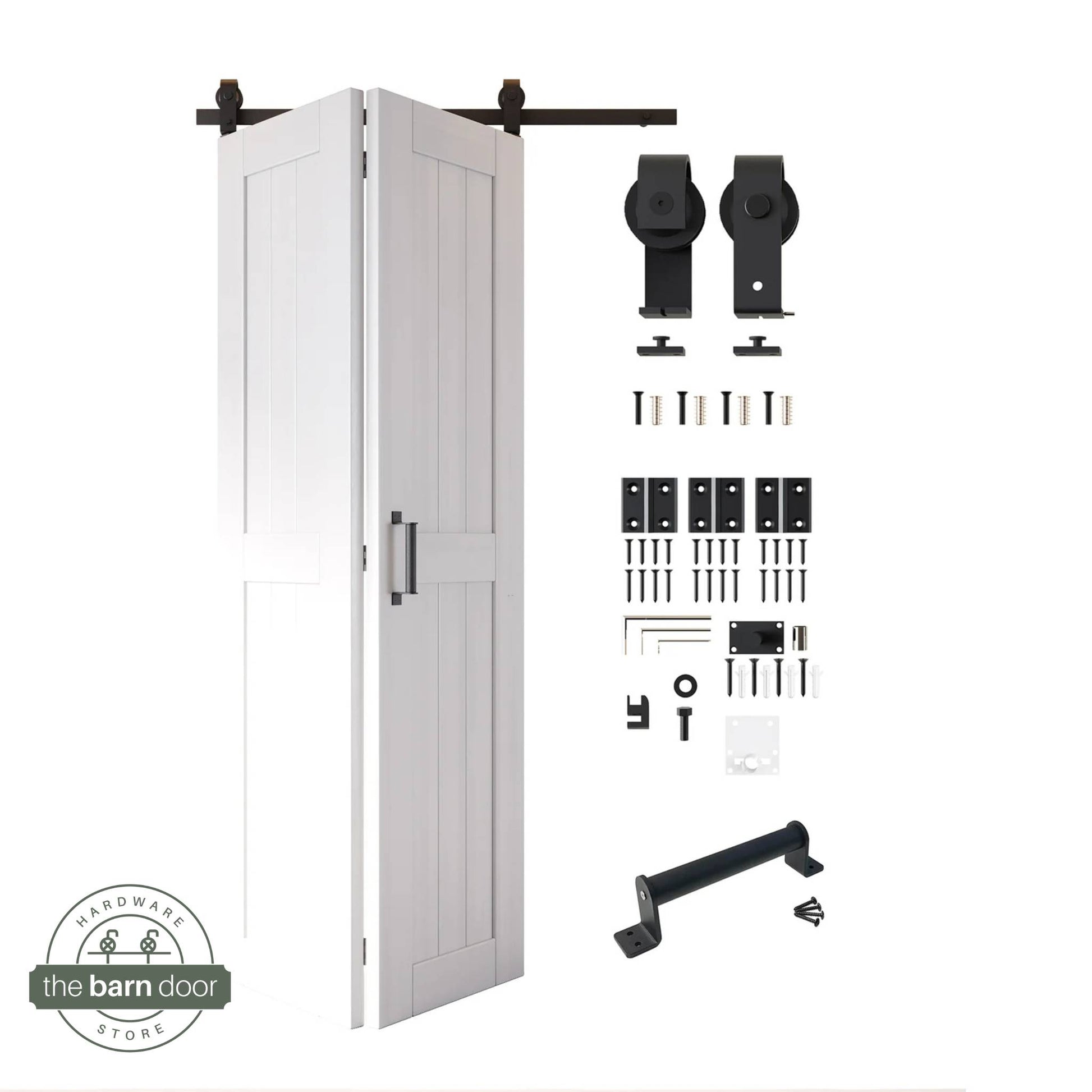 Full kit contents: Partially folded white finished 2-door bifold panels shown next to all hardware components (rollers, track, screws, handle) in Matte Black.
