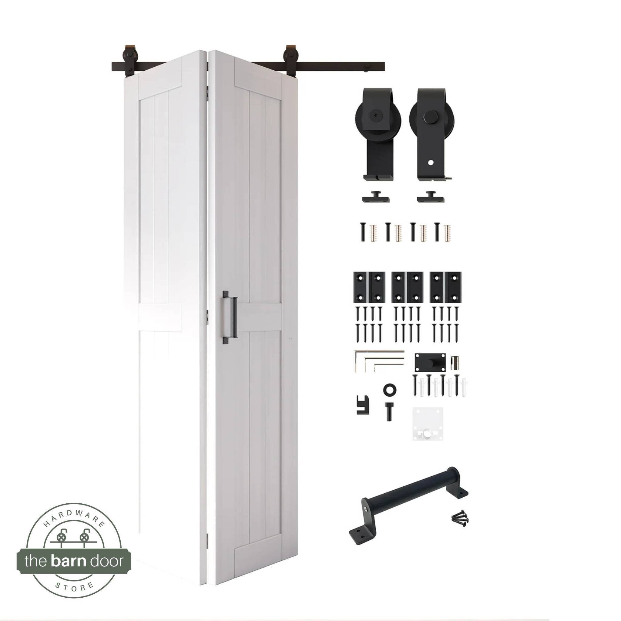 Full kit contents: Partially folded white finished 2-door bifold panels shown next to all hardware components (rollers, track, screws, handle) in Matte Black.