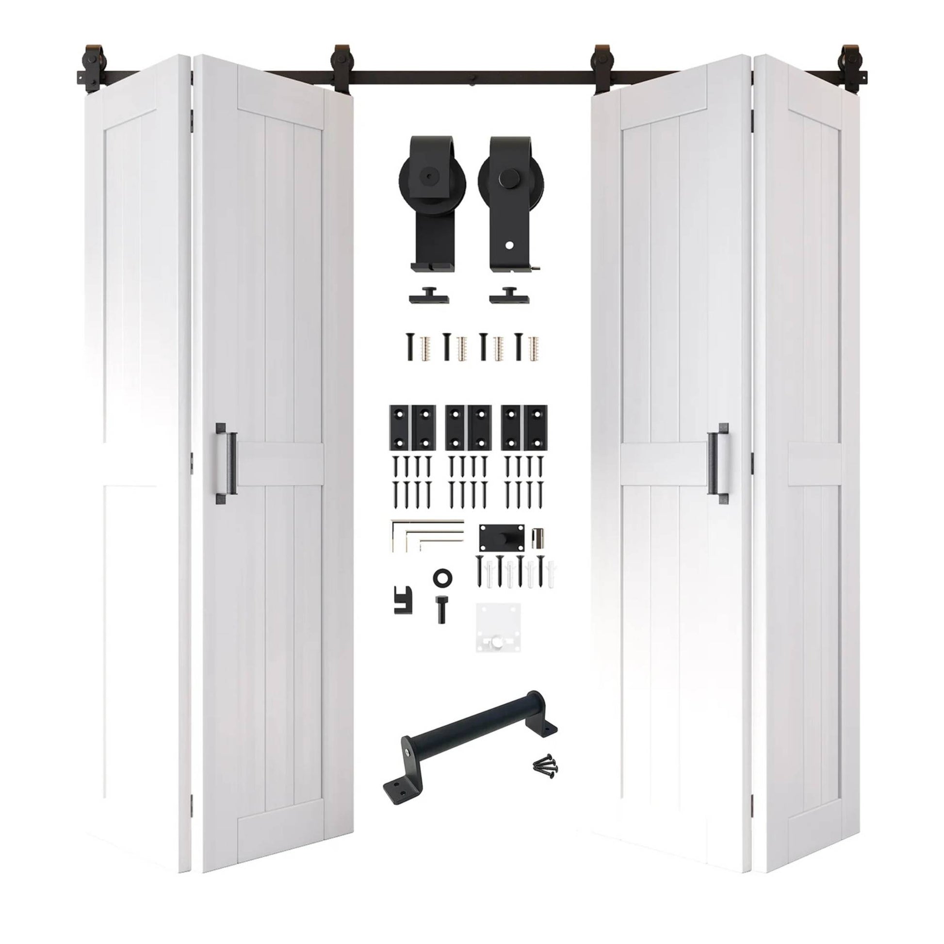 Full kit contents: Four open and partially folded white bifold door panels shown with all accompanying Matte Black top-mount hardware components.