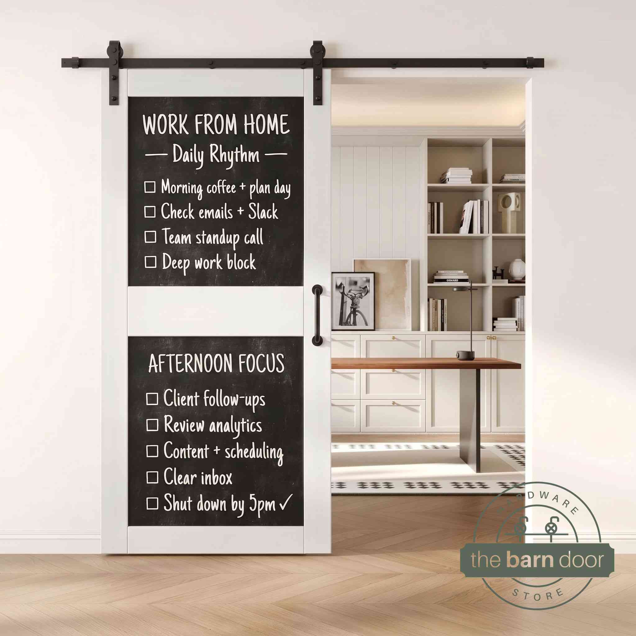 A white two-panel chalkboard barn door mounted on a sleek black sliding track, shown partially open to reveal a modern home office with built-in white shelving.