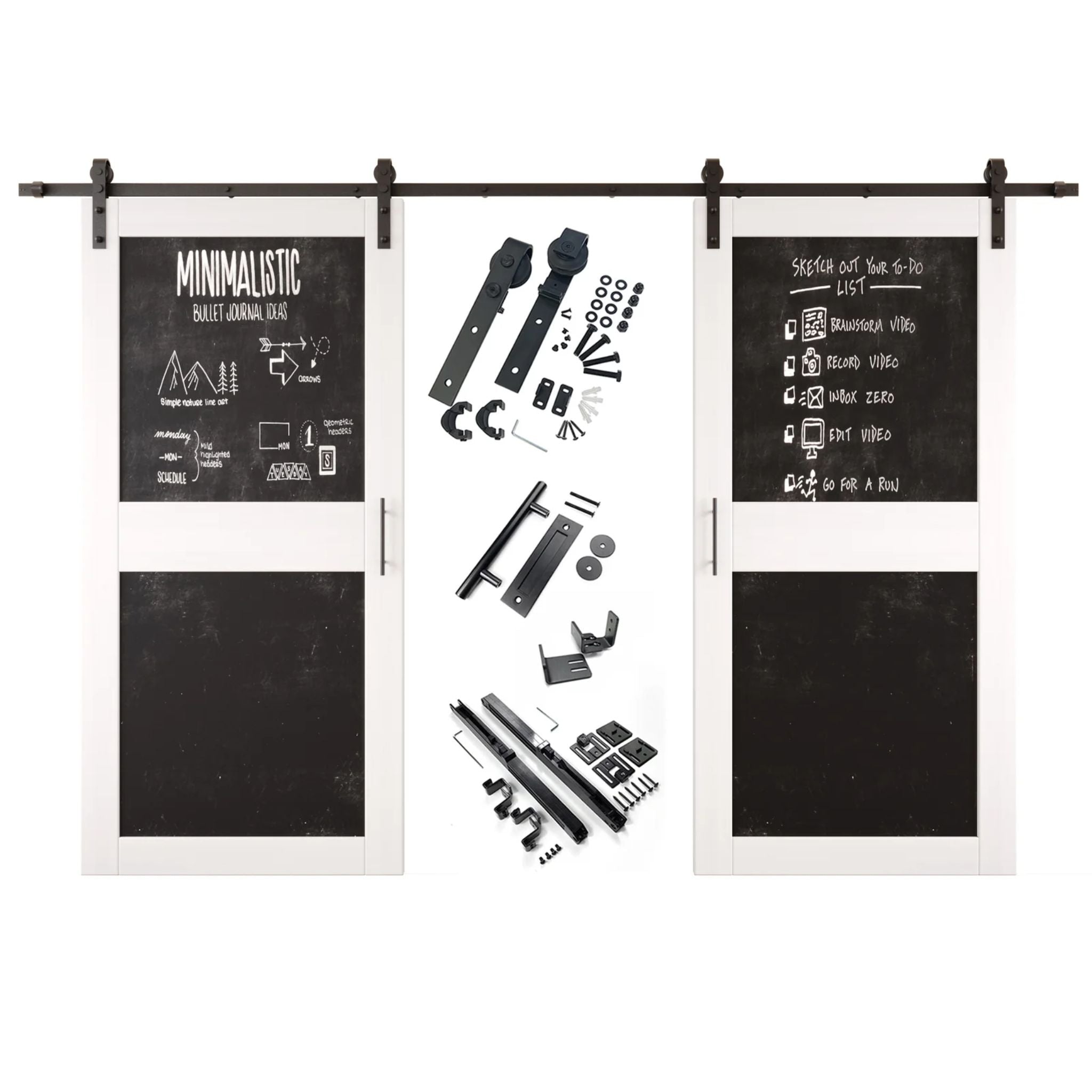 White barn door set with black chalkboard panels and hardware components on a white background