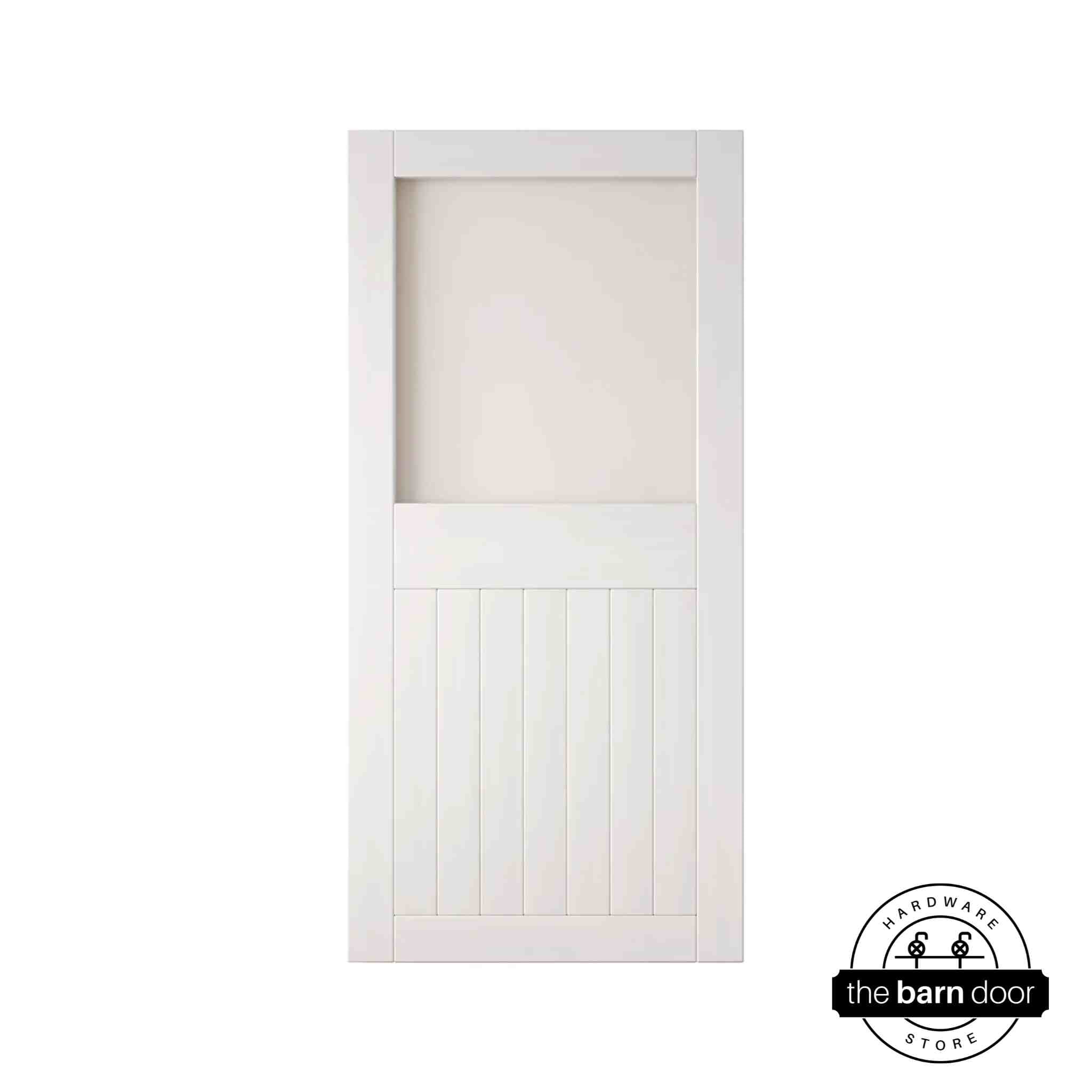 White wooden half-lite frosted glass barn door with horizontal slats on a white background