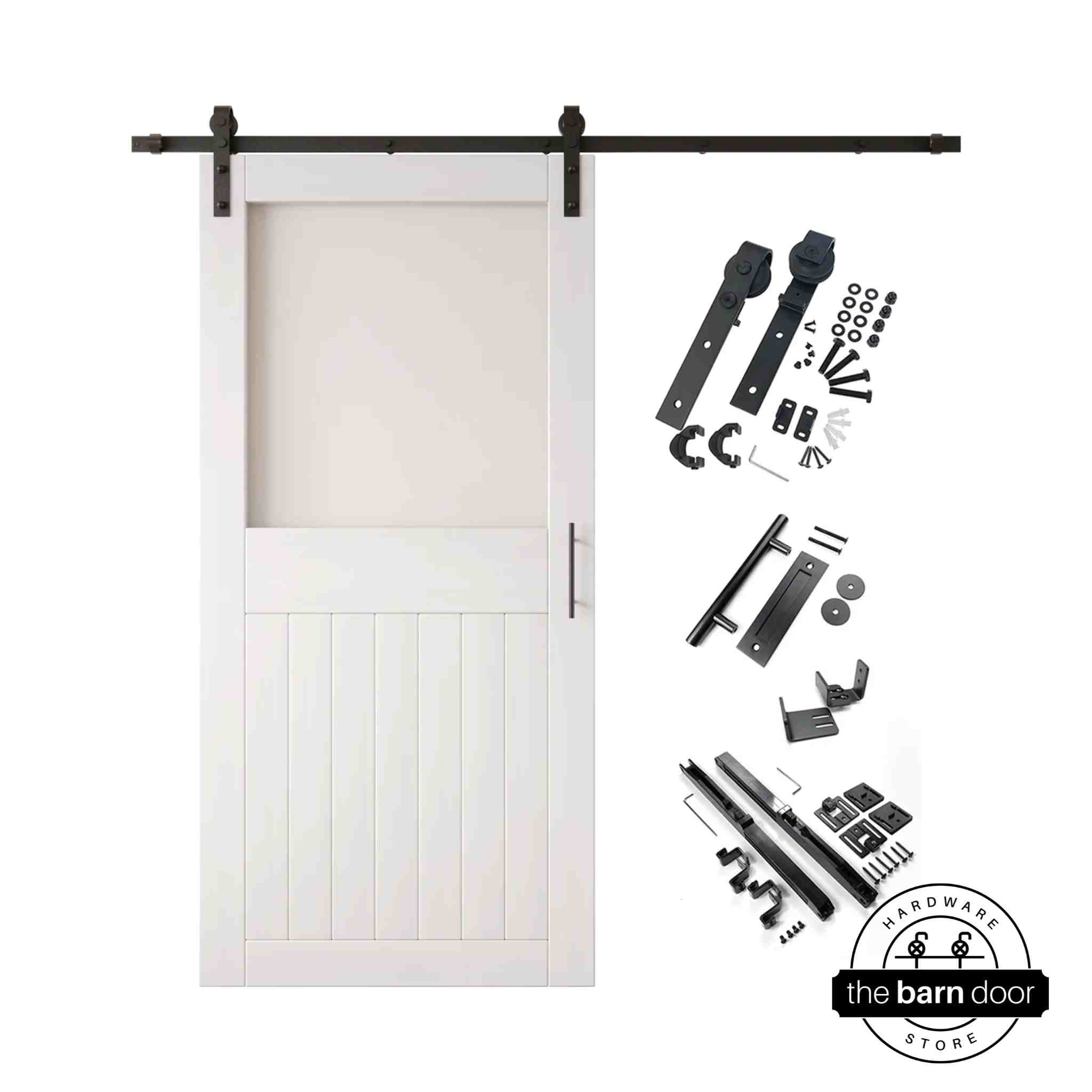 White half-lite barn door kit with wooden door, hardware, and components on a white background