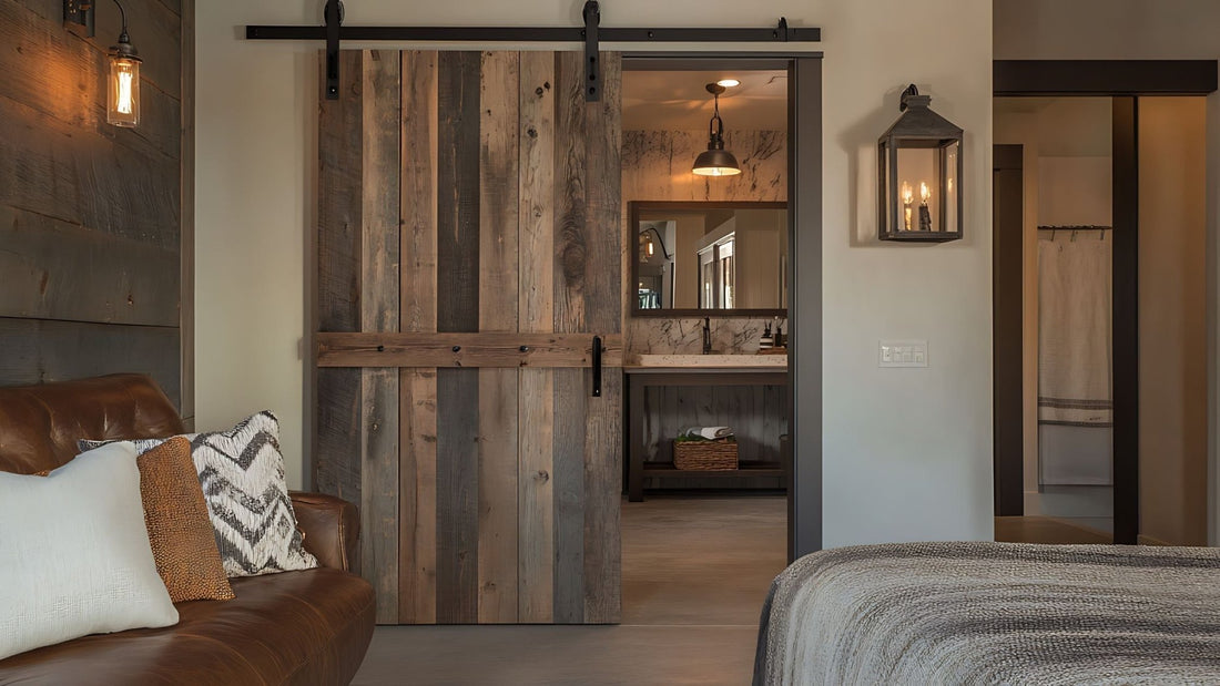Rustic reclaimed wood barn door on a black sliding track, separating a cozy bedroom space from a bathroom with a vanity.