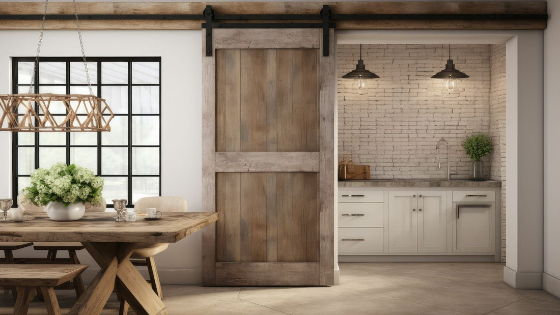 Rustic wood barn door with black sliding hardware separating a farmhouse-style dining area (featuring a large window and wood table) from a kitchen alcove with white cabinets and a white brick wall.
