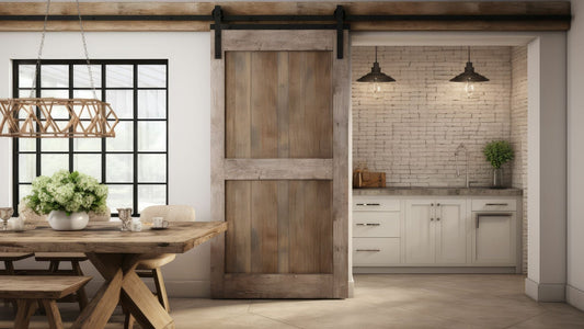 Rustic wood barn door with black sliding hardware separating a farmhouse-style dining area (featuring a large window and wood table) from a kitchen alcove with white cabinets and a white brick wall.