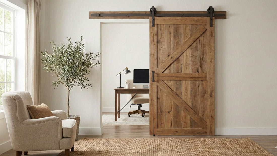 A rustic, light-wood interior barn door with a traditional Z-brace design, mounted on a sleek black industrial track.