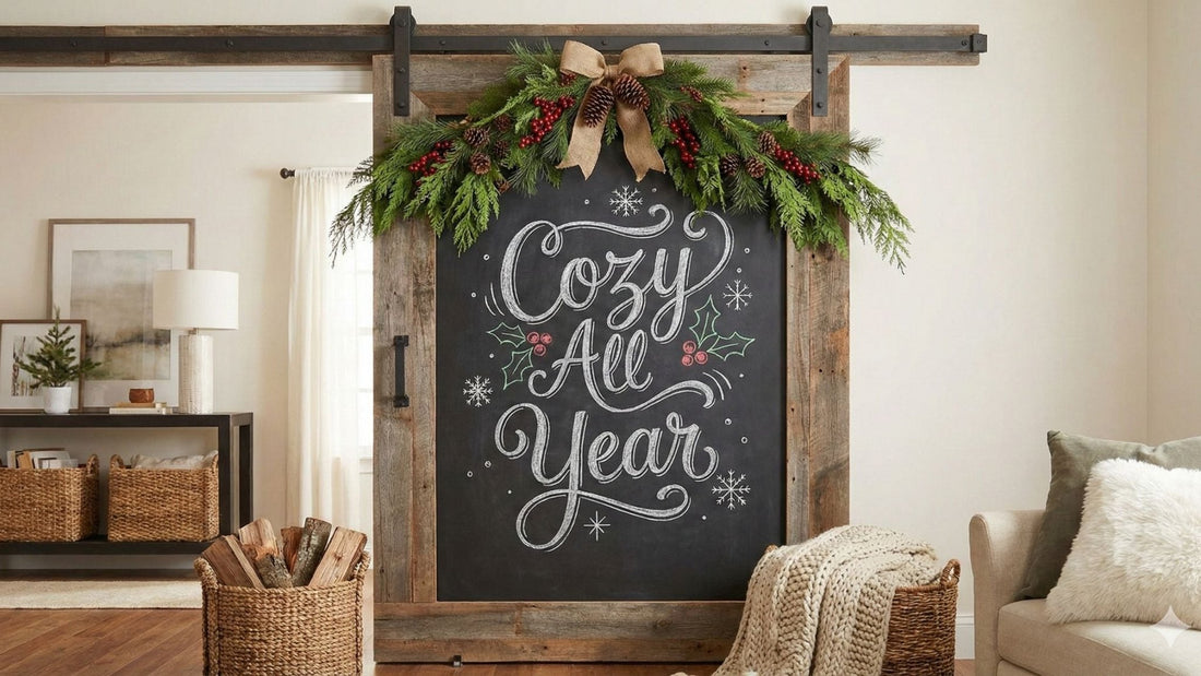 A rustic barn door with a weathered wood frame and a chalkboard center panel displaying "Cozy All Year" in elegant white chalk lettering.