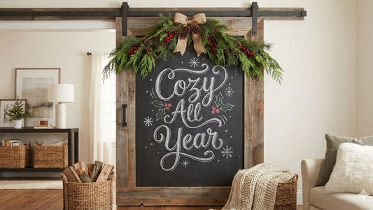 A rustic barn door with a weathered wood frame and a chalkboard center panel displaying "Cozy All Year" in elegant white chalk lettering.