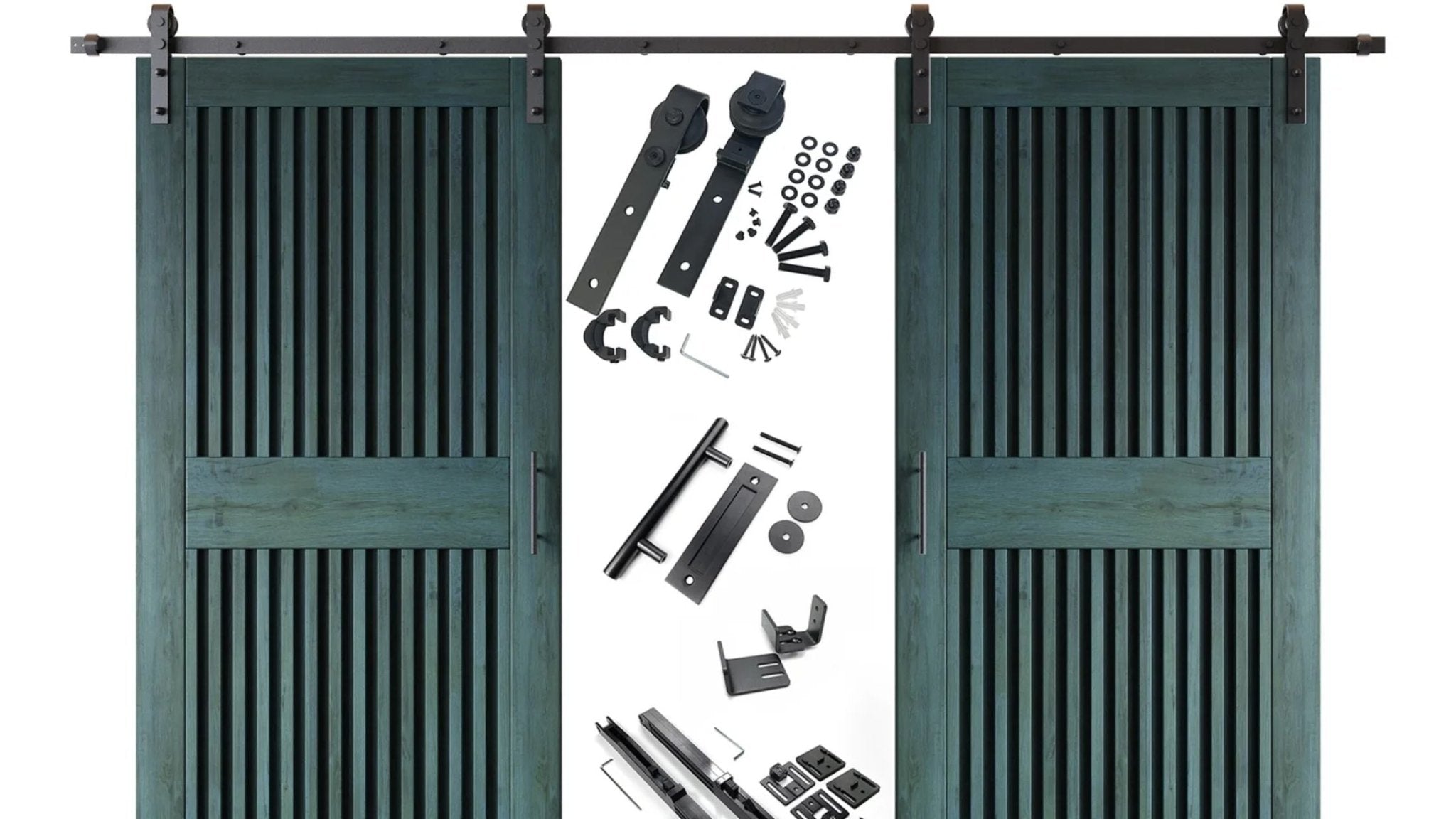 Barn door kit with two green doors and hardware on a white background