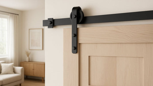 Wooden sliding door with black hardware in a room with a couch and window.