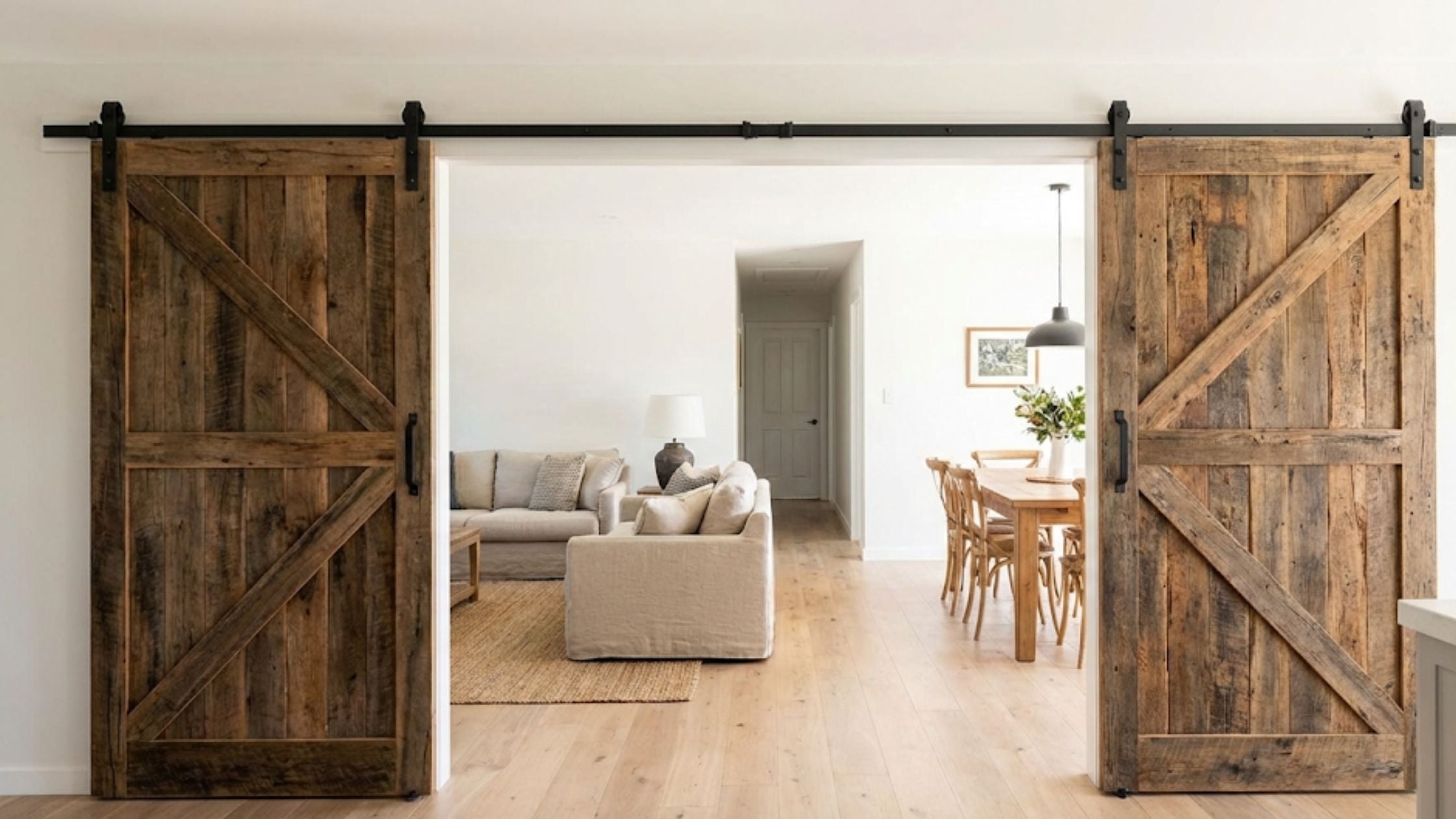 Rustic wood sliding barn door installed on a small reach-in bedroom closet, showcasing space-saving DIY hardware and interior shelving.