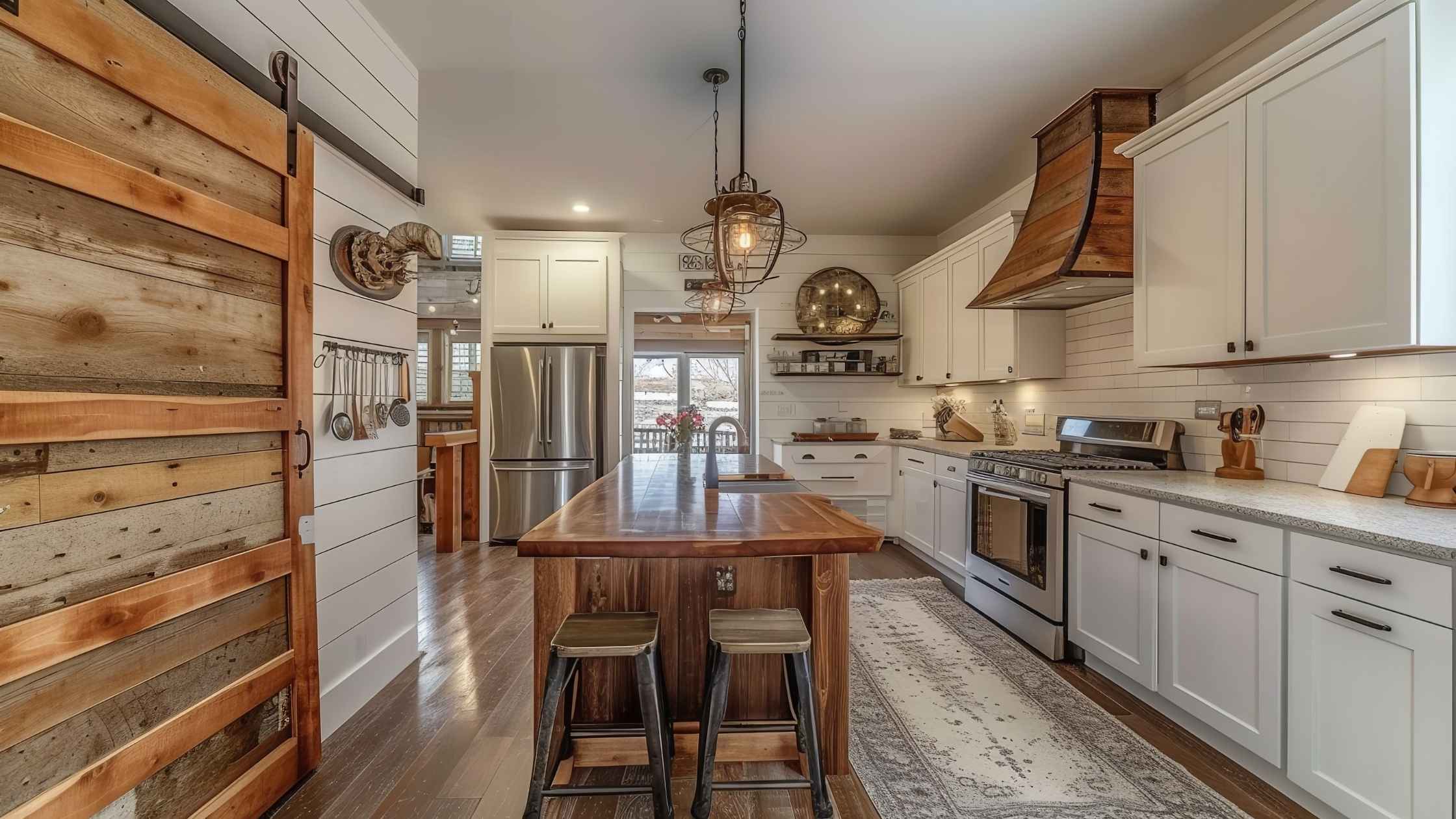 A kitchen with a rustic reclaimed wood barn door in a modern farmhouse style. The door is next to a large wooden island with bar stools. The room features a white kitchen with wood accents on the range hood and island.