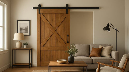 Living room with wooden sliding barn door, gray sofa, and side table.