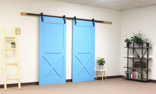 Blue Doors on a Black Barn Door Track with Header