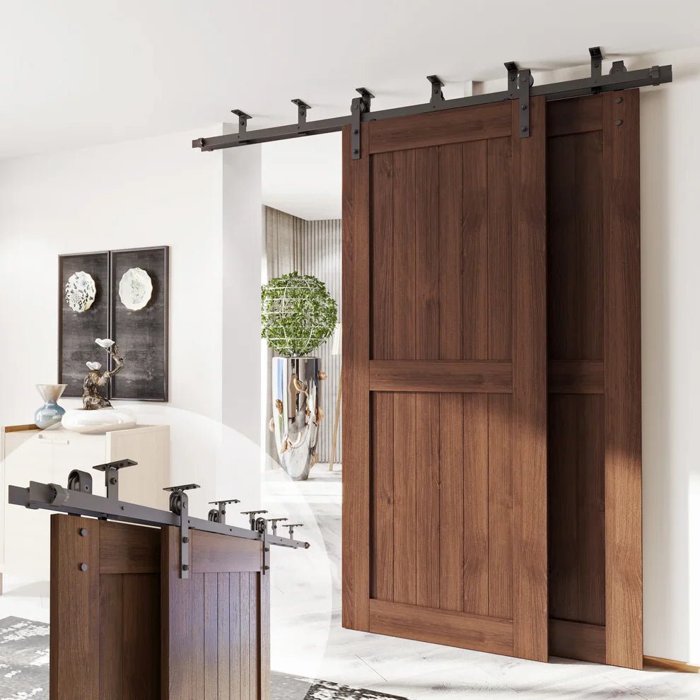 Double Track Bypass Barn Door Hardware Kit in a Living Room