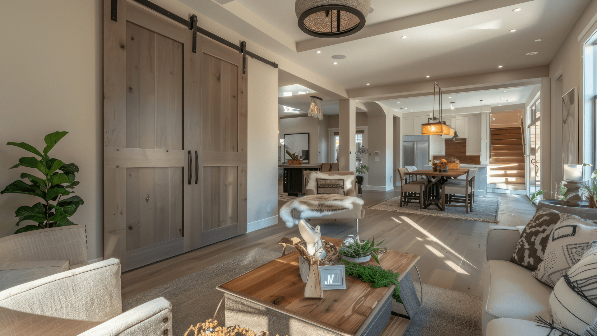 Barn Door in an Open Concept Living Room