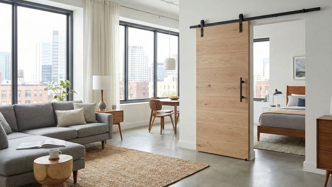 A modern apartment interior featuring a light oak barn door with horizontal wood panels and sleek matte black sliding hardware.
