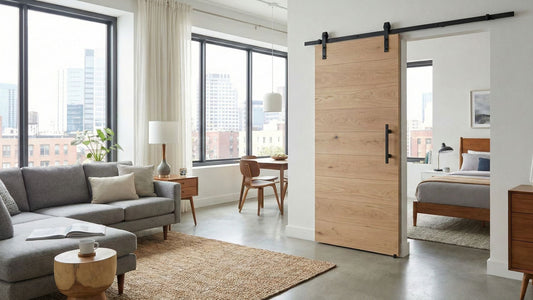 A modern apartment interior featuring a light oak barn door with horizontal wood panels and sleek matte black sliding hardware.