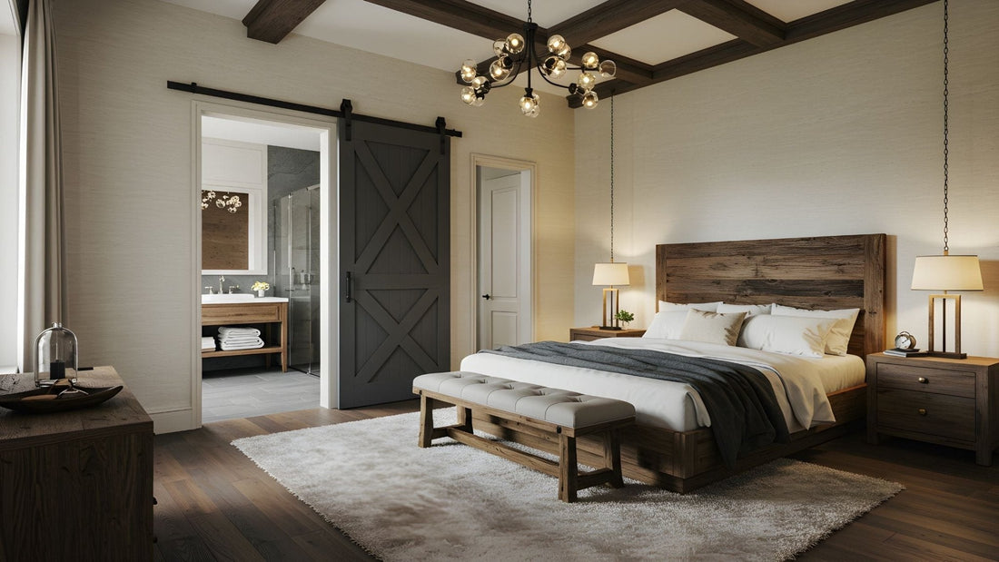 Interior view of a bedroom showing a rustic wood bed and a dark gray barn door with classic strap hardware used to conceal the ensuite bathroom entrance.