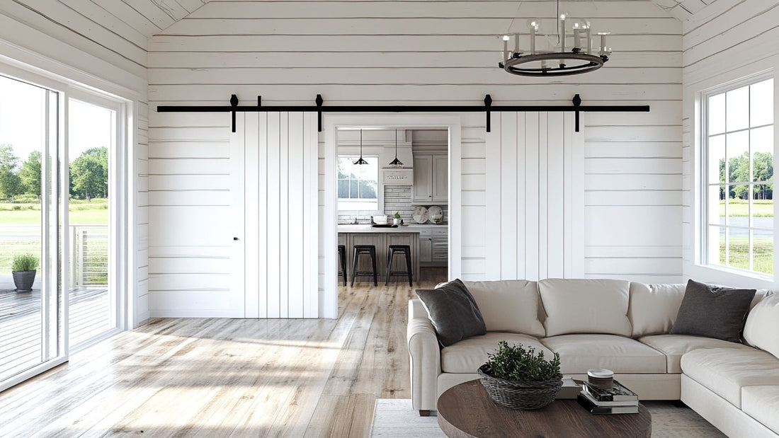 Double white sliding barn doors featuring a matte black single-track hardware kit in a spacious modern farmhouse living room with shiplap walls and light wood flooring.