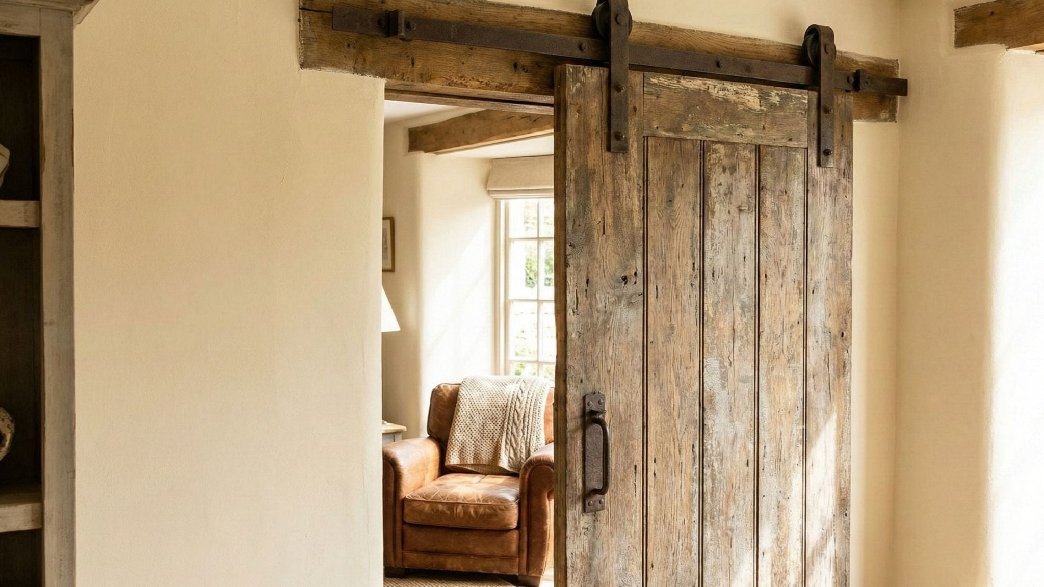 A rustic, weathered wooden sliding barn door hangs on a dark wrought-iron track and roller system mounted to a wooden beam.