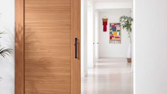 Close-up of a smooth, natural wood sliding barn door with a vertical black pull handle, opening into a bright, white hallway with colorful wall art.