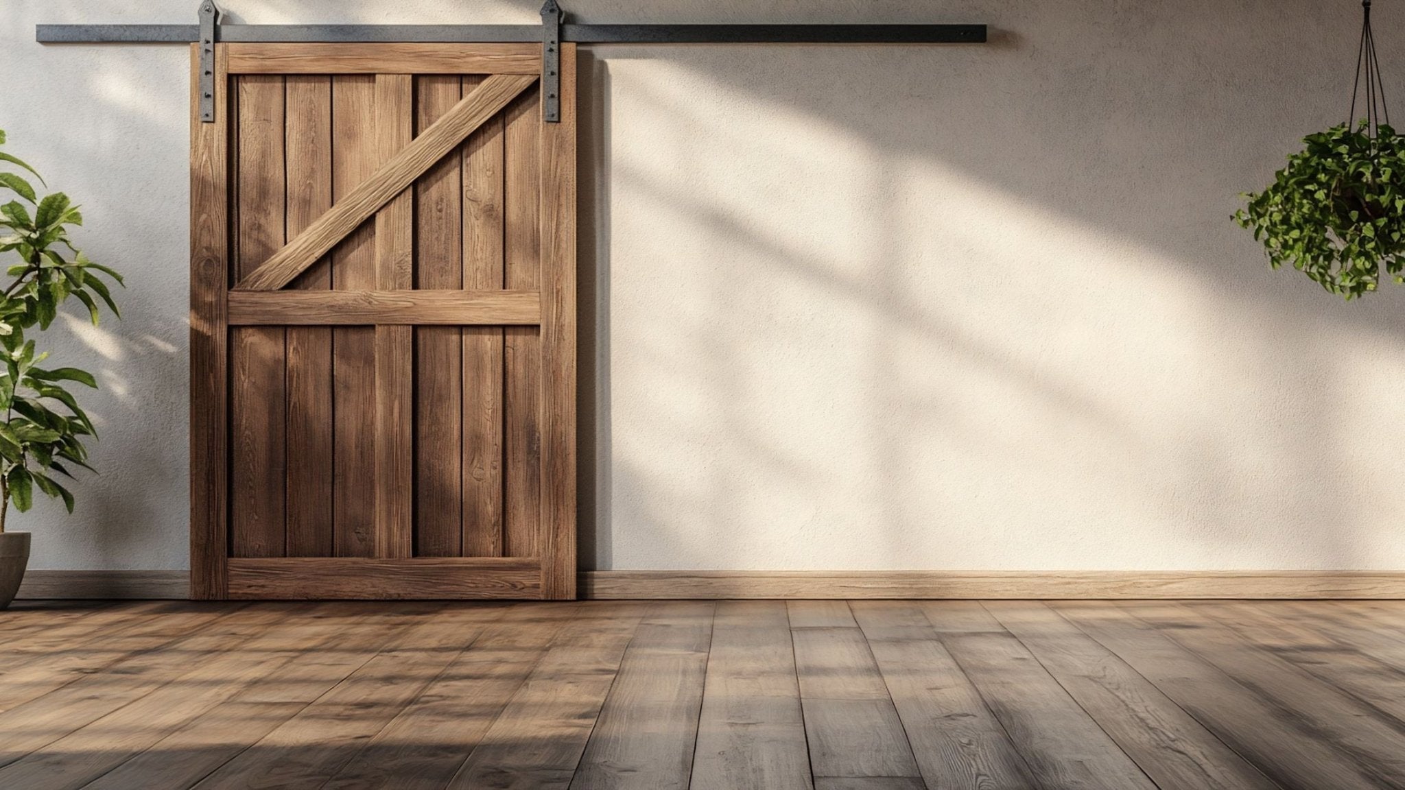 Rustic wood sliding barn door with a Z-brace design, installed on a black overhead track in a bright room with hardwood floors and natural sunlight.