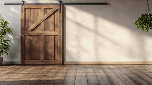 Rustic wood sliding barn door with a Z-brace design, installed on a black overhead track in a bright room with hardwood floors and natural sunlight.
