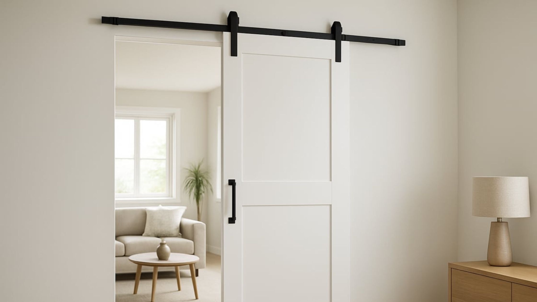 A modern white sliding barn door with black track hardware and a vertical black handle.