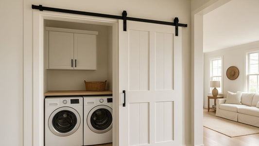 A white four-panel barn door with a shaker style frame, installed on black sliding hardware, partially covers a clean, modern laundry nook with a stackable washer and dryer and light cabinetry.
