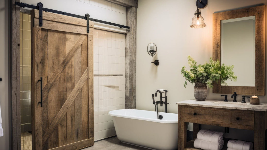  Rustic bathroom featuring a wooden barn door with a diagonal Z-brace design and black sliding hardware, next to a white clawfoot bathtub.